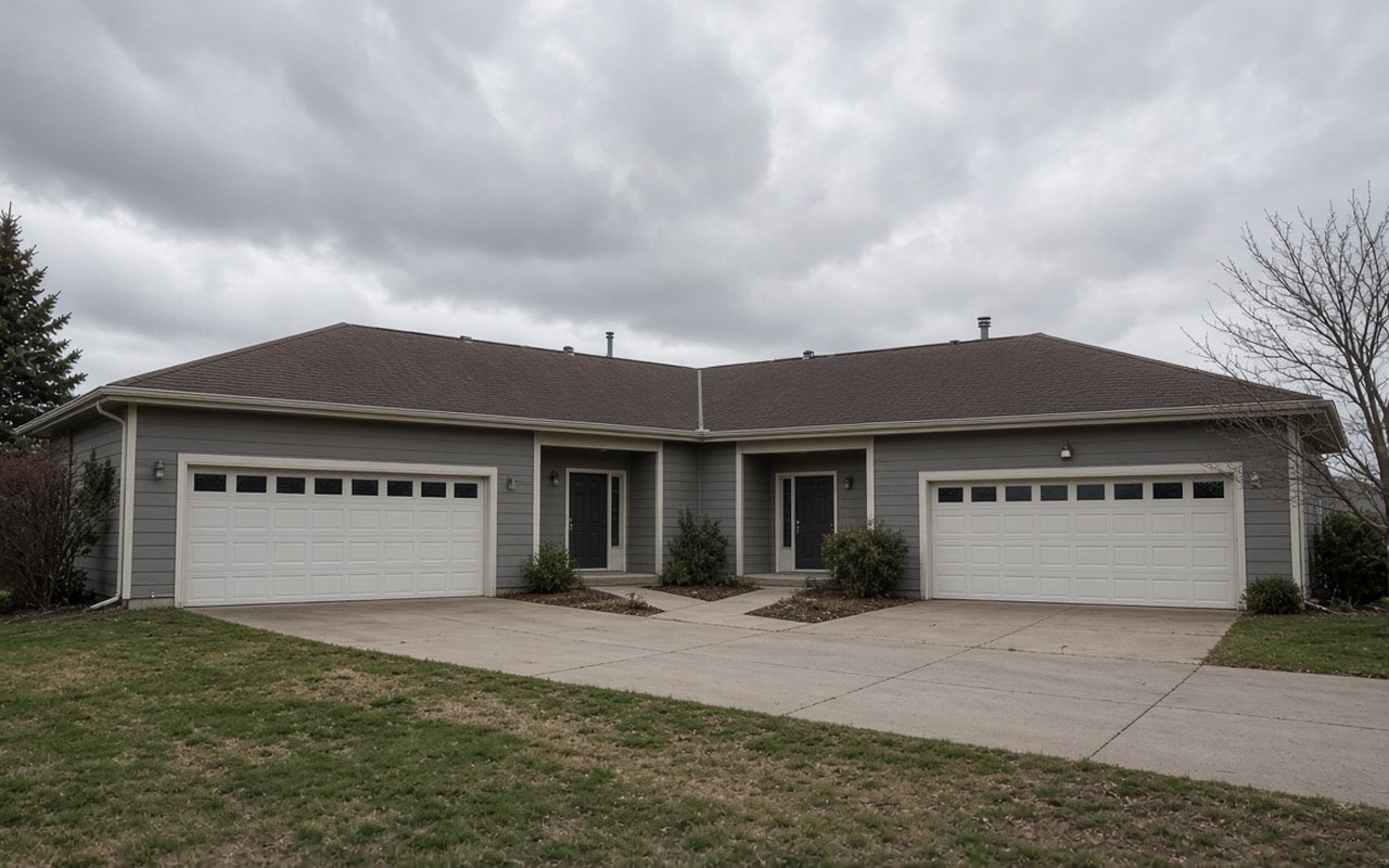 The same duplex before editing, dull and gray