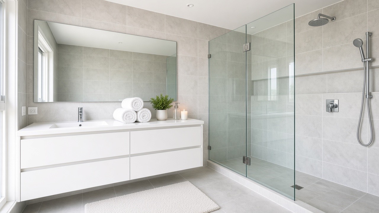 Bathroom after editing, bright and color corrected